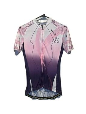 SANTIC bicycling shirt. Women’s size small. Purple, pink and white